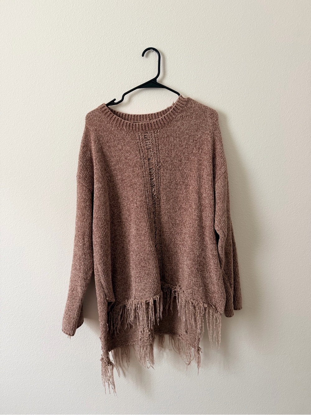 Umgee Chenille Distressed Fringe Oversized Sweater Mocha Taupe Boho Size M